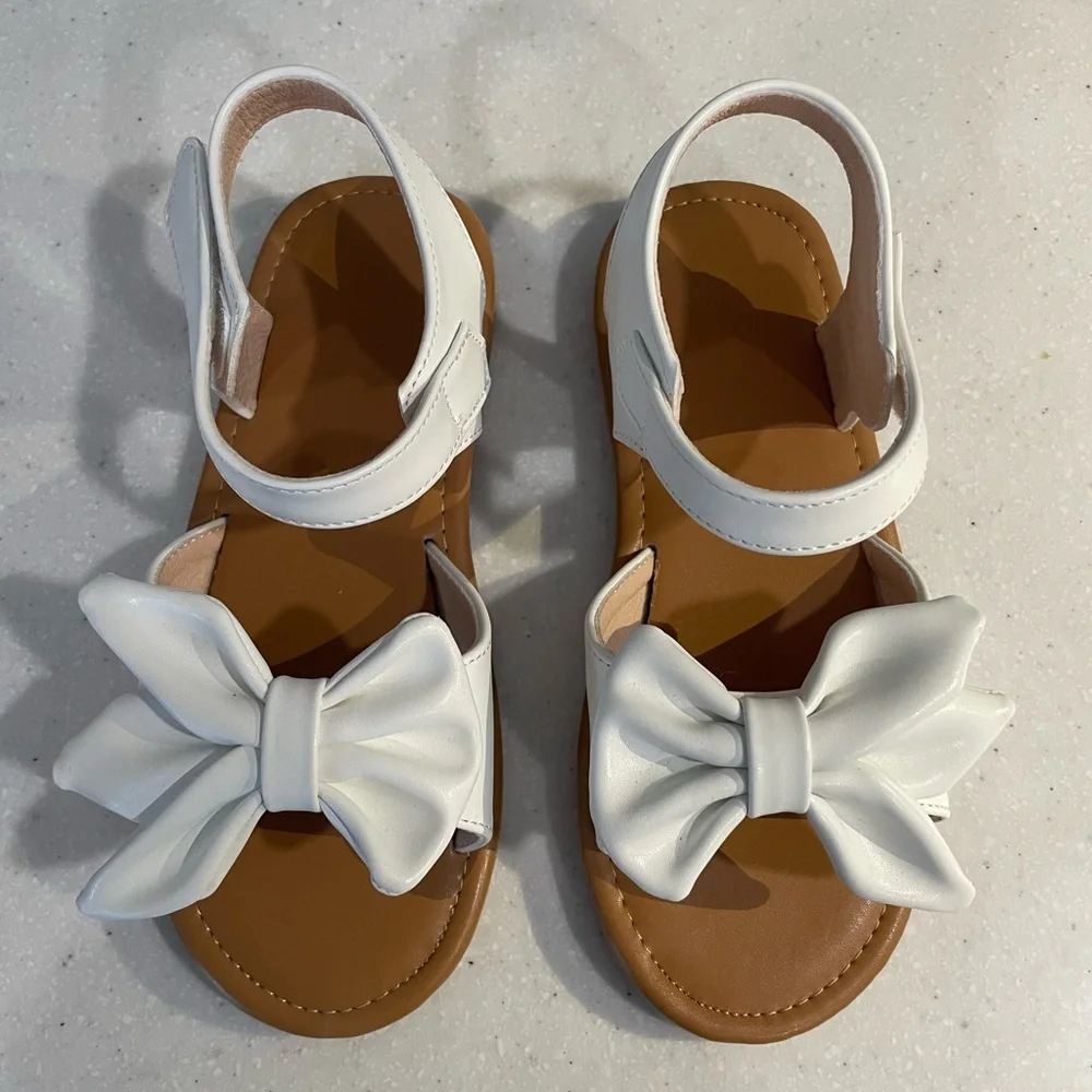 Girls White Bow Sandals | Size 29 | Hook & Loop Straps | Dress Shoes